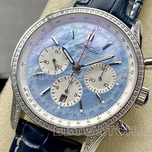 watch BLS factory Breitling aviation chronograph diamond light blue dialleather strap model clasplive photos