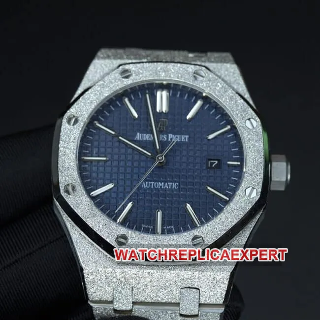 Audemars Piguet watch men's blue dial steel strap Royal Oak Series automatic mechanical front view