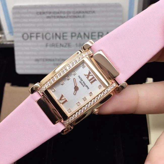 AW factory real diamond replicaPatek Philippewhite dial pink belt ladies' watch front view