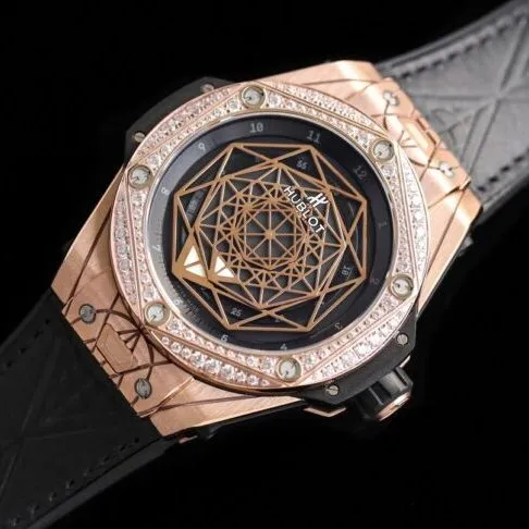 top-tier table Hublot series tattoo OEM1:1 open mold rose goldblack dial ring diamond men's mechanical watch detail shots