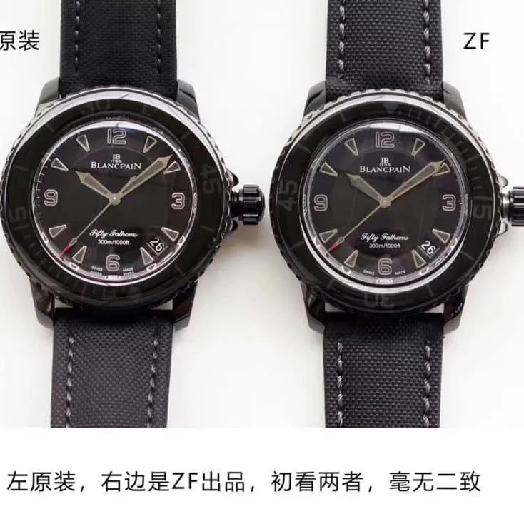 ZF Blancpain Fifty Fathoms 5015-11C30-52 Black Bathyscaphe Front View Watch Authenticity Comparison Review Side View