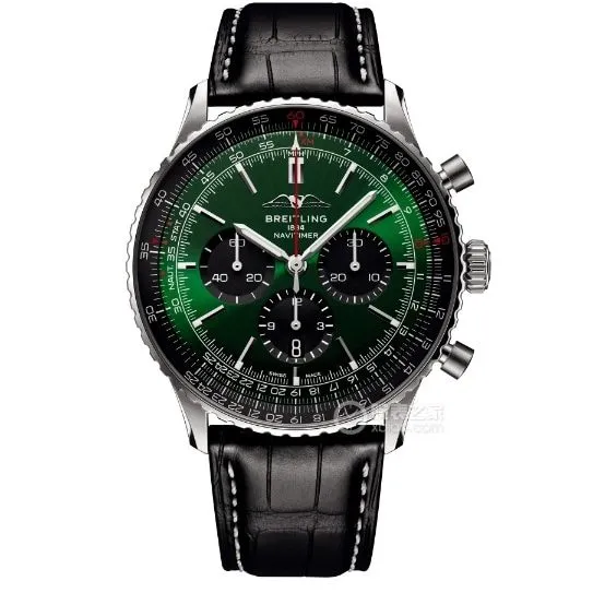 BLS Aviation Chronograph 1 Breitling Watch Men's Dark Green Dial Leather Strap AB0137241L1P1 Side Real Shot