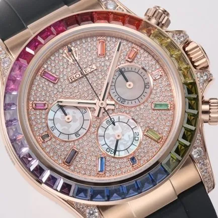 top-tier replicaRolex men's gold plate rubber strap new rainbow di automatic movement watch front view