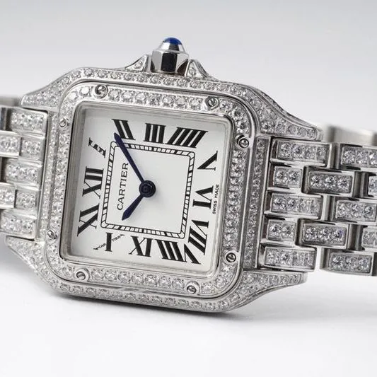 Cartiertop-tier watch cheetah full diamond series ladies steel bracelet mechanical white dial watch side view