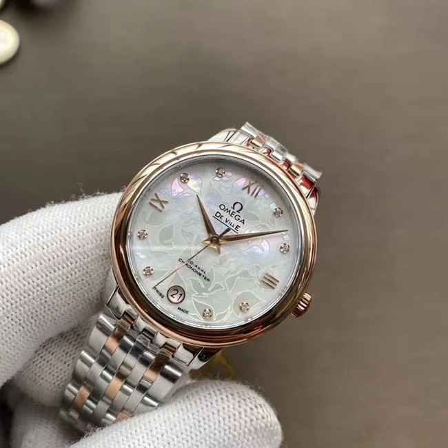 Top- Omega De Ville series ladies' watch, white dial, two-tone strap, mechanical watch, side view