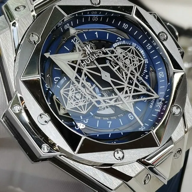 top-tier watch Hublot men's blue dial blue belt Big bang series full automatic movement watch side view