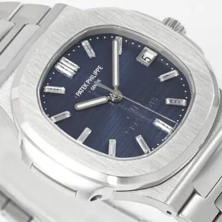 top-tier watch Patek Philippe Nautilus 40th anniversary white steel blue bottom men's mechanical watch front view
