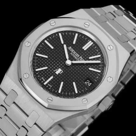 top-tier watch Audemars PiguetRoyal Oak super two-pin mechanical movement15202 white steel black bottom men's watch clasp picture