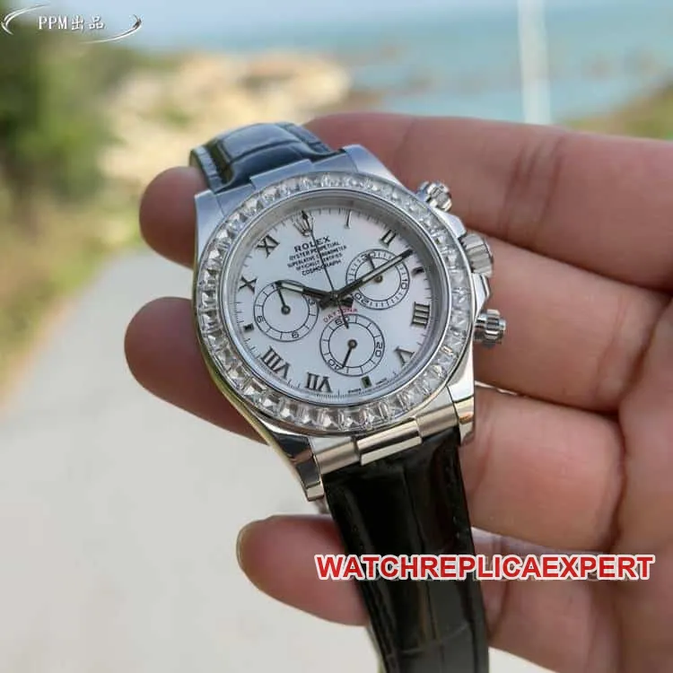 PPMRolexDaytona1:1super clonewhite dialdiamond bezel116519front live photo
