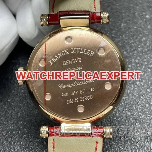 collectible watch frank mill quartz ABF factory black dial gold diamond bezel red leather braceletside live photo