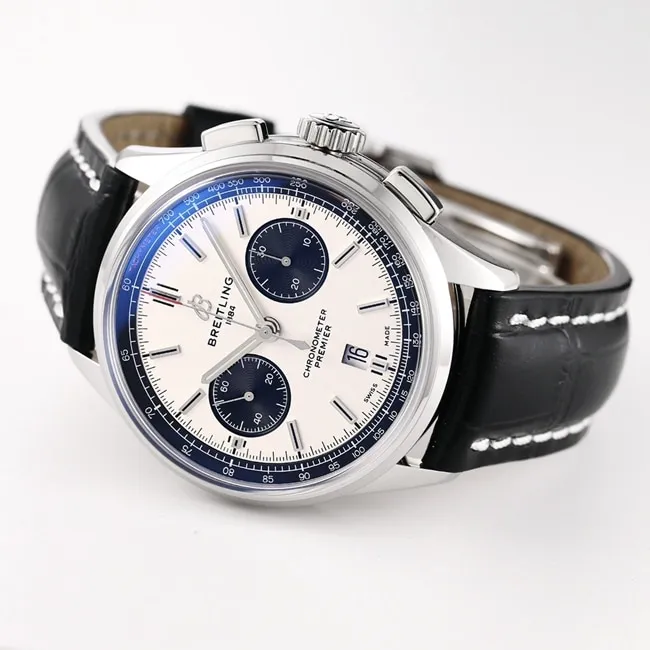 GF Factorytop-tier watch Breitling B01chronograph men's white dial black belt v2 upgraded version automatic movementleather strap watch front view