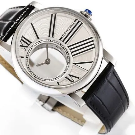 top-tier watch Cartier men's white dial black belt fully automatic movementleather strap watch front view