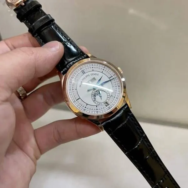 Patek Philippesuper watch complex monthly calendar date displayday display series men's leather strap mechanical rose gold watch side view