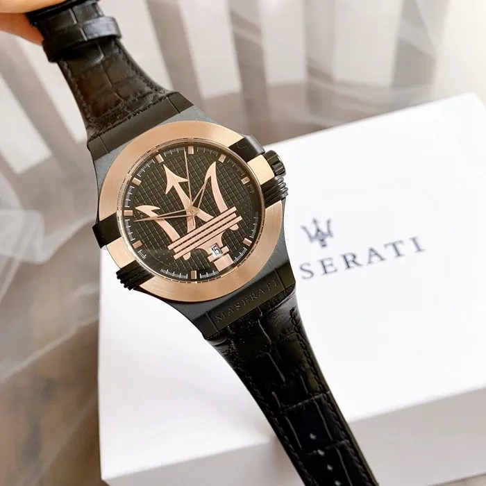 top-tier watch Maserati men's black dialquartzleather strap watch front view