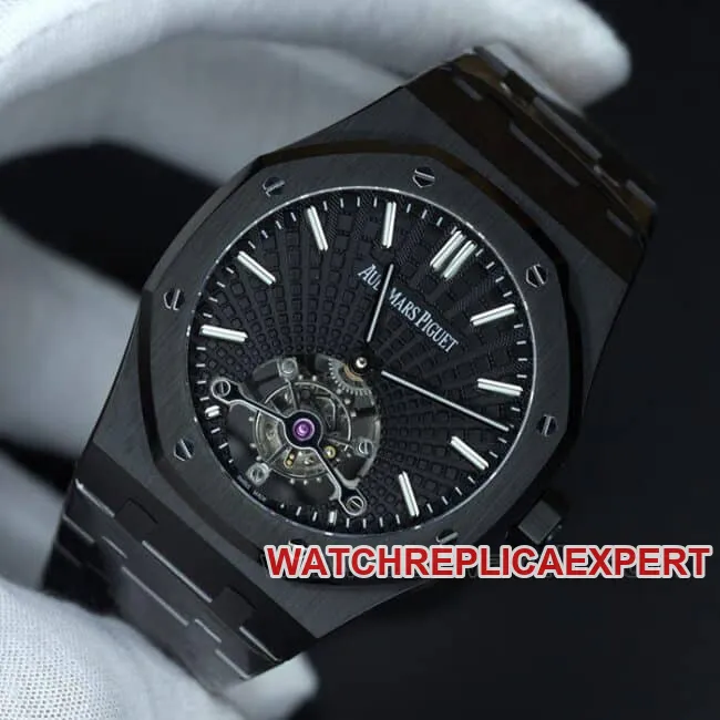 R8 factory top-tier replicaAudemars PiguetRoyal Oak series tourbillonmovement men's all black all automatic movementsteel bracelet watch front view