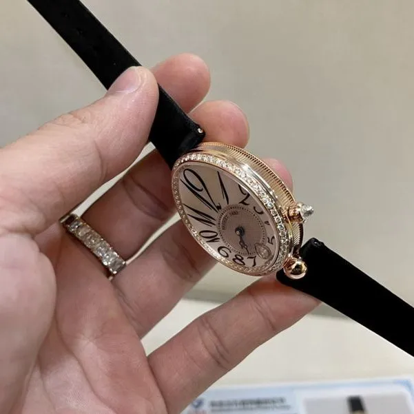 Real gold and real diamond Baoji top-tier watch queen series rose gold ladies diamondleather strap watch side view
