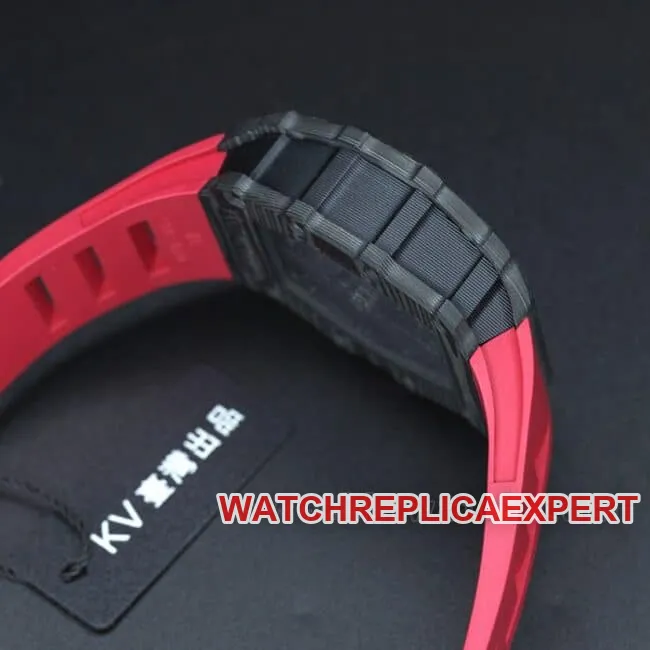 top-tier watch Richard Millerm53 carbon fiber men's black dial red strap hollow mechanical watch front view
