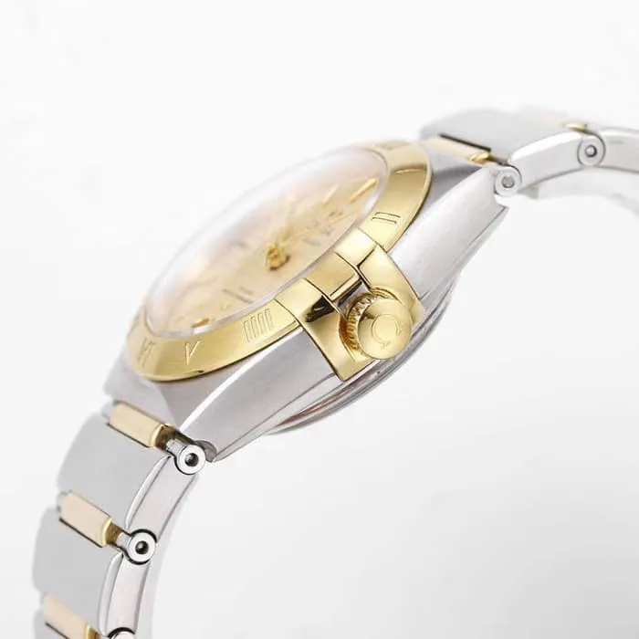 top-tier watch Omega women's gold plate constellation series steel bracelet watch side view
