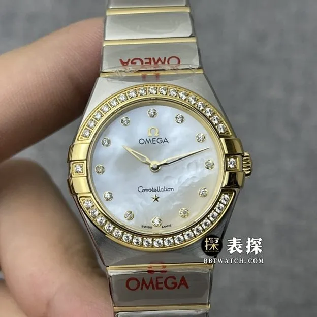 3S factory Omega Constellation top-tier watch women's white mother-of-pearl plate yellow gold diamond steel bracelet model pictures and prices caseback live photo