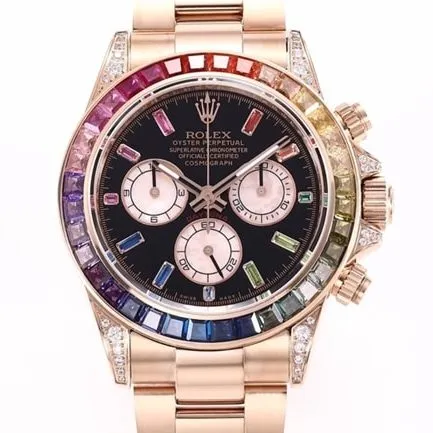 top-tier replicaRolex men's black dialrose gold with new Daytona rainbow automatic movement watch front view
