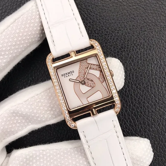 YF factory top-tier watch Hermès women's white dial white belt leather strapquartz watch back cover picture