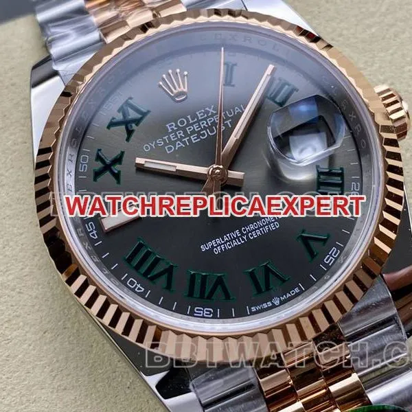 Rolex collectible watch ARF FactoryDatejust gray dial Roman numerals 36mm rose goldsteel bracelet side live photo