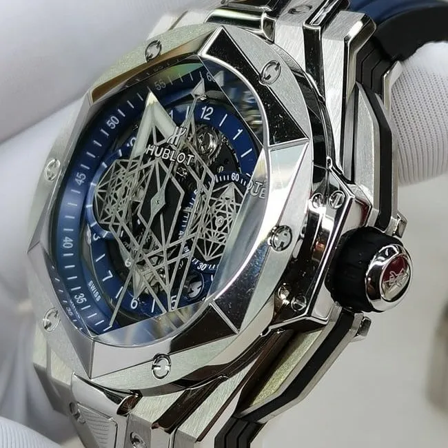 top-tier watch Hublot men's blue dial blue belt Big bang series full automatic movement watch side view