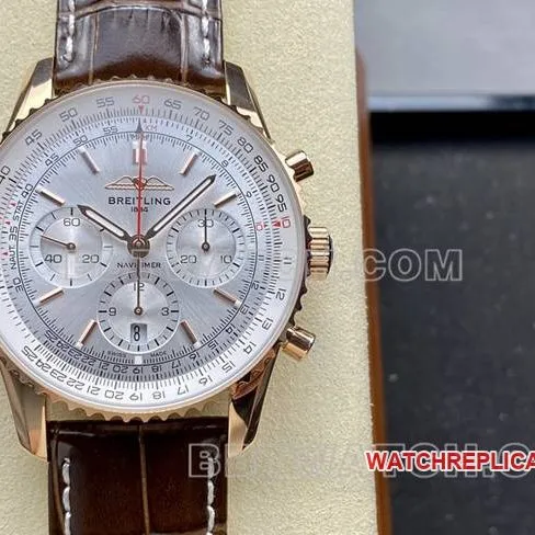 collectible watch BLS factory silver white dialBreitling aviation chronographrose goldleather strap caseback live photo