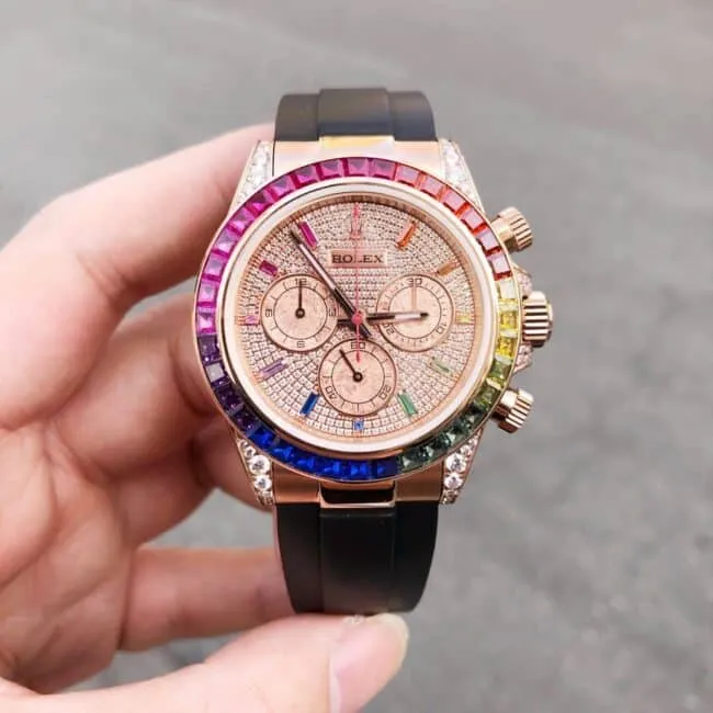 top-tier watch Rolex new Daytona Rainbow Di rubber full diamond 18K gold mechanical men's watch movement picture