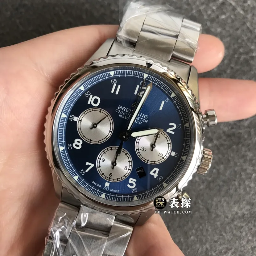 BL factory Breitling Legend Aviation top-tier 1:1high-quality watch men's blue panda disc steel bracelet model pictures and prices side live photo