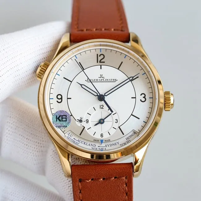 TW factory top-tier replicaJaeger-LeCoultre geographer master series rose gold color steel case red leather strap watch movement picture
