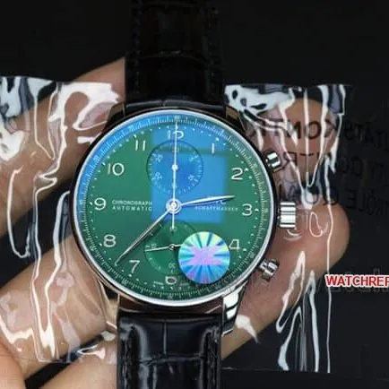 YL factory top-tier watch IWC green Portuguese watch 150th anniversary commemorative model men's green dial black belt full automatic movement see-through bottom leather strap watch side view