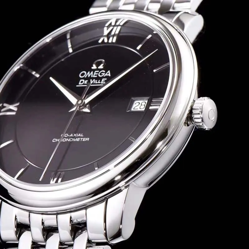 Omegatop-tiersuper watch De Ville series men's mechanical ultra-thin watch white steel black front cover picture