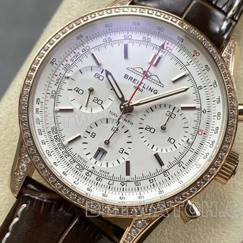 1:1replica watch aviation chronographBLS factory Breitlingrose gold diamond white dialleather strap model side live photo
