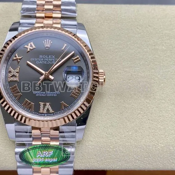 Rolex1:1replica watch ARF FactoryDatejust gray plate 36mm rose goldsteel bracelet side ear live photos