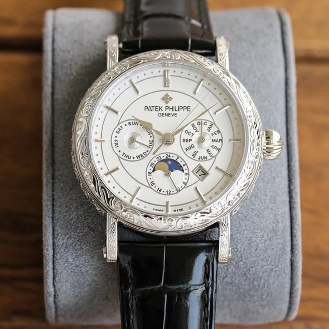 Patek Philippetop-tier watch men's white dial black belt hand-engraved mechanical leather strap 42mm watch detail shots