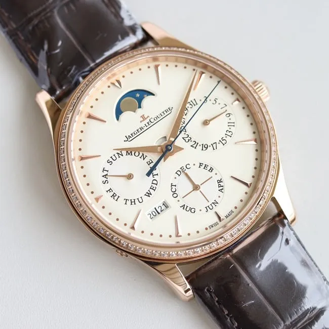 TW factory Jaeger-LeCoultretop-tier watch fully automatic movementleather strap men's white dial brown belt watch master series detail shots