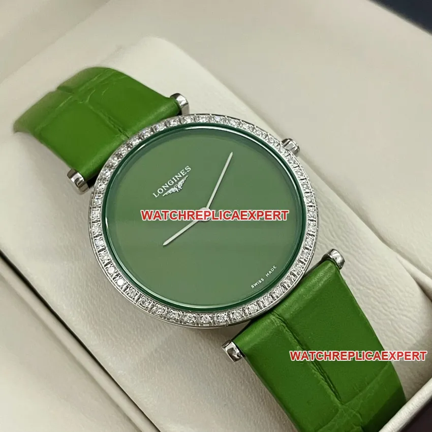Longines elegant 1:1super clonegreen dialdiamond bezelleather strap model L4.523.0.60.2caseback live photo