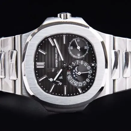 GR factory top-tier watch Patek Philippe5712GR King of Steel White Steel Black Bottom Men's Mechanical Watch Shocking Debut Side View