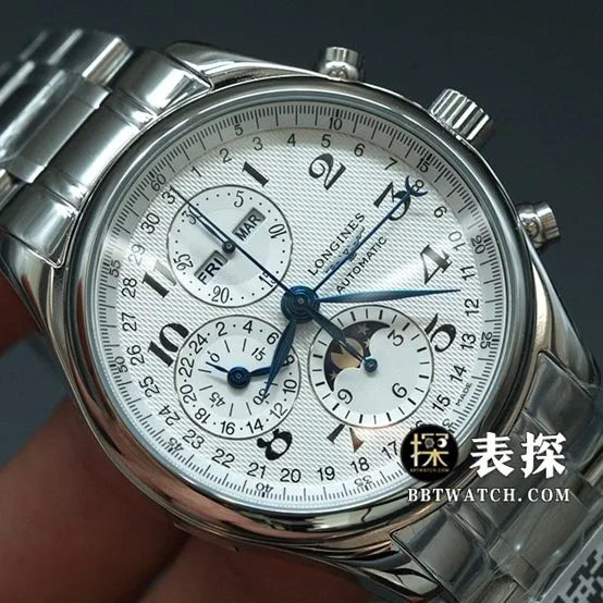GS factory Longines famous eight-pin moon phasetop-tier watch white dial blue needle steel bracelet model picture and price caseback live photo