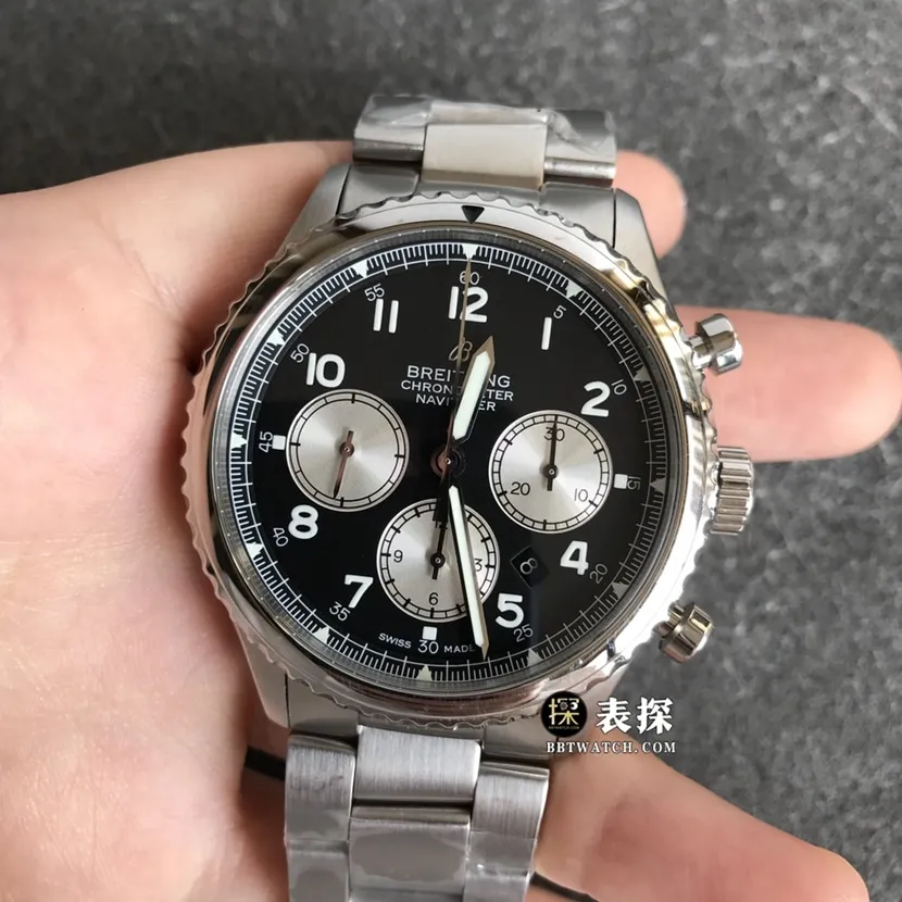 BL factory Breitling Legend Aviation top-tier watch men's black panda dial steel bracelet model pictures and prices side live photo