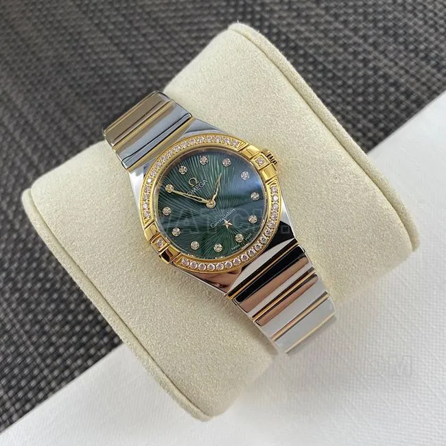 Top watch Omega Constellation green dial 27mm quartz side real shot photos