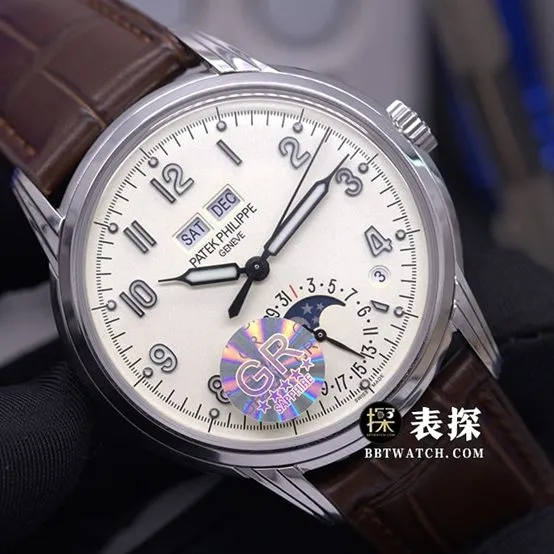 GR factory complications Patek Philippe1:1replica watch lume milk white dialmoon phaseleather strap model 5320G-001side live photo