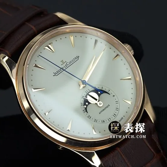GF FactoryJaeger-LeCoultremoon phase master Q1368420 top-tier watch men's white dial gold needle leather strap model pictures and prices side live photo