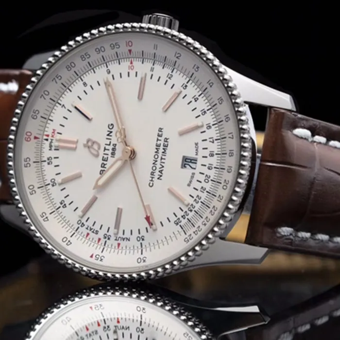 top-tier watch Breitling men's white dial aviation chronograph1 series leather strap watch front view