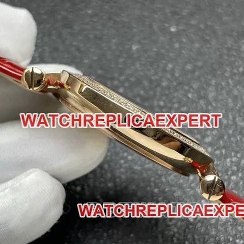 collectible watch frank mill quartz ABF factory black dial gold diamond bezel red leather braceletcaseback live photo