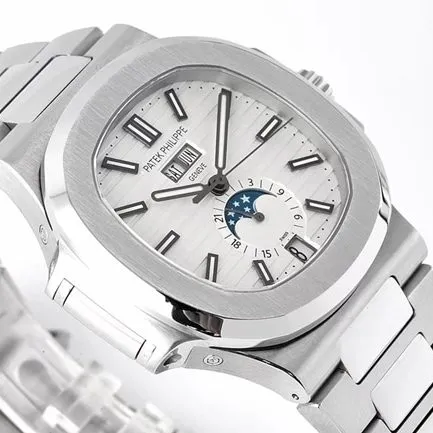 PPF Factorytop-tier watch Patek PhilippeNautilus series annual calendar men's white dialsteel braceletautomatic movement watch side view