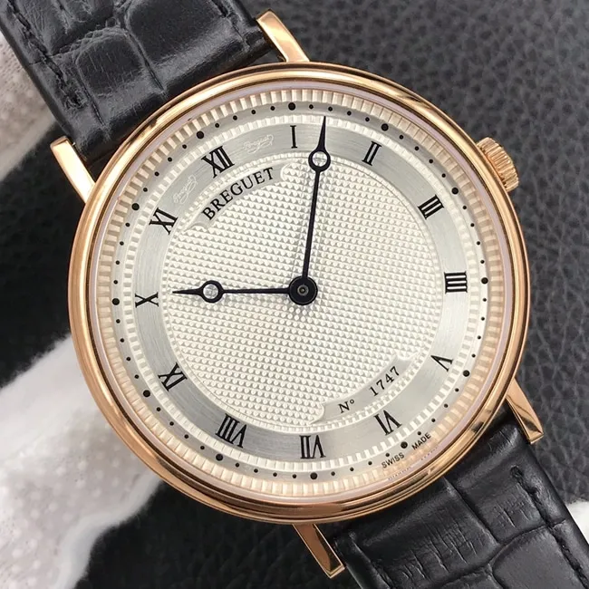 top-tier watch classic series white dial black belt mechanical leather strap men's watch side view