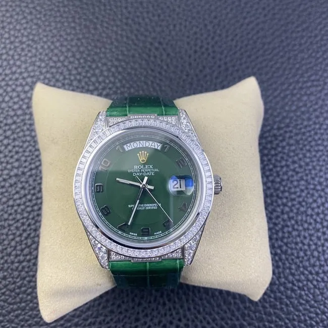 top-tier watch Rolex log series men's green dial green strap fully automatic movementleather strap watch front view