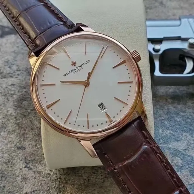MKS Factorytop-tier replicaVacheron Constantin men's white dial brown belt heritage series 85180automatic movementleather strap watch clasp picture